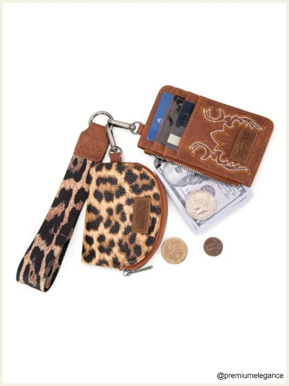 Faux Leather Dual Pouch Keychain Wristlet Wallet with Detachable Strap